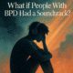 Illustration of a person with headphones sitting in a moody pose, surrounded by stormy clouds and light rays; concept art representing the emotional soundtrack of someone with Borderline Personality Disorder (BPD)
