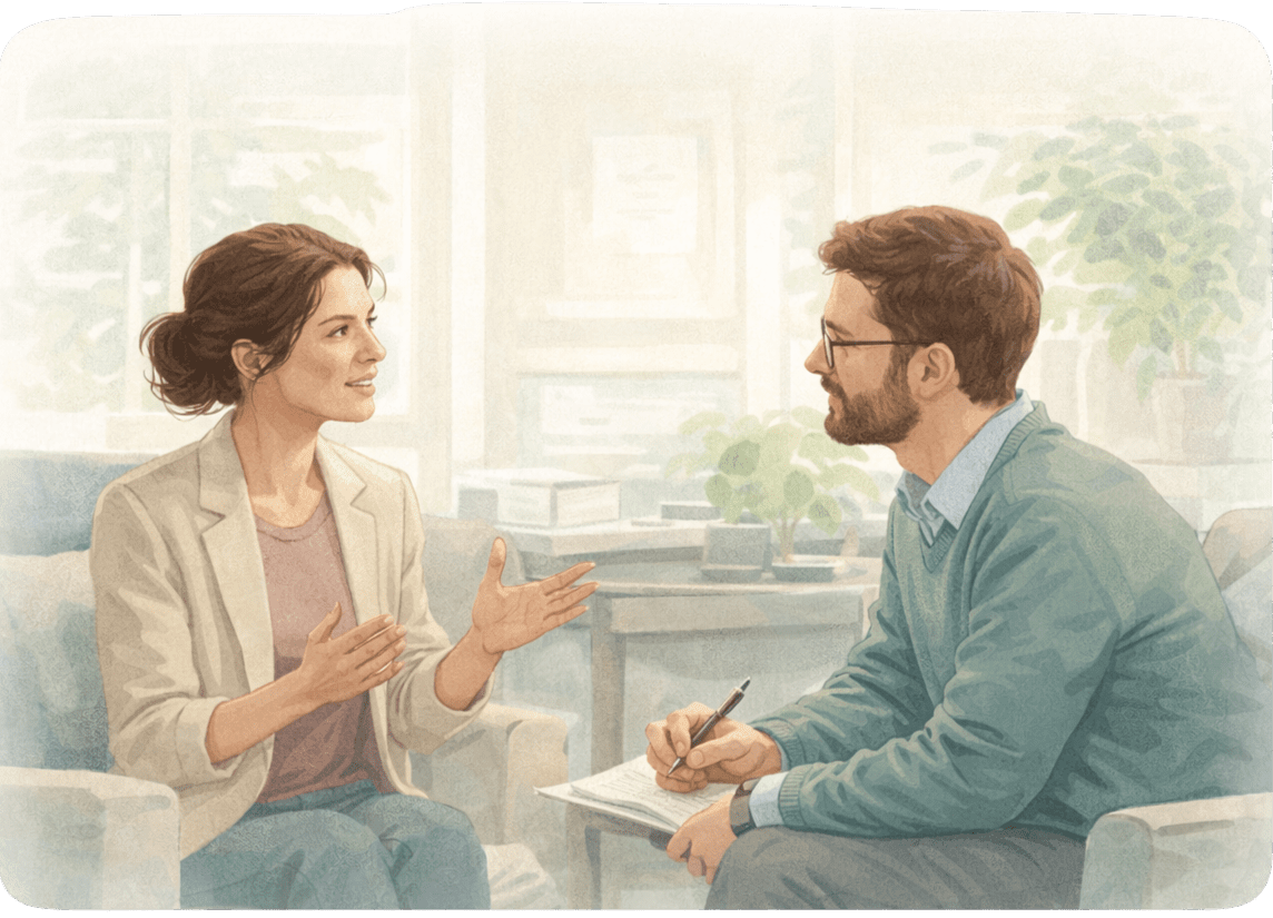 Illustration of two clinicians in conversation in a calm office setting.