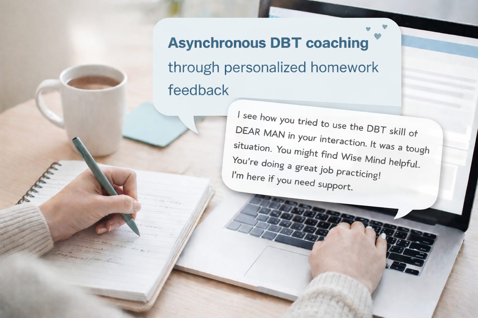 Person working at lop top with conversation bubbles demonstrating asynchronous DBT coaching through personalized homework feedback at DBT Path.