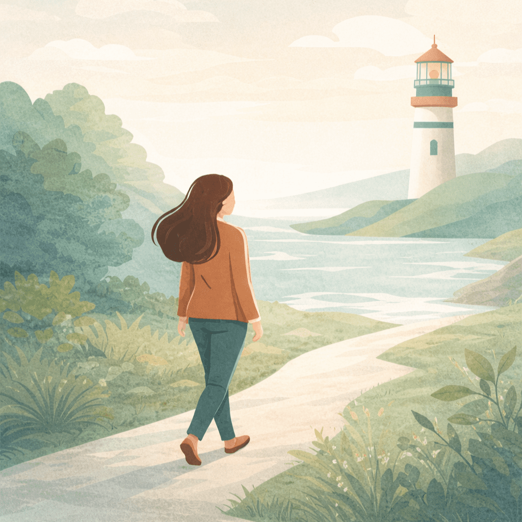 Person walking a path leading to lighthouse, representing DBT Path online dbt courses.