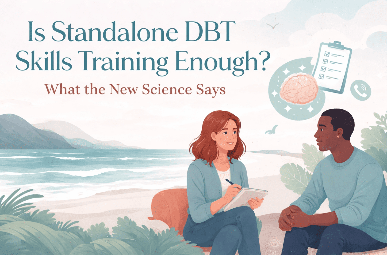 Standalone DBT skills training shown as a calm coastal reading scene with books by the sea