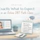 Illustration showing what to expect in an online DBT class, including a private laptop setup and core mindfulness skills.