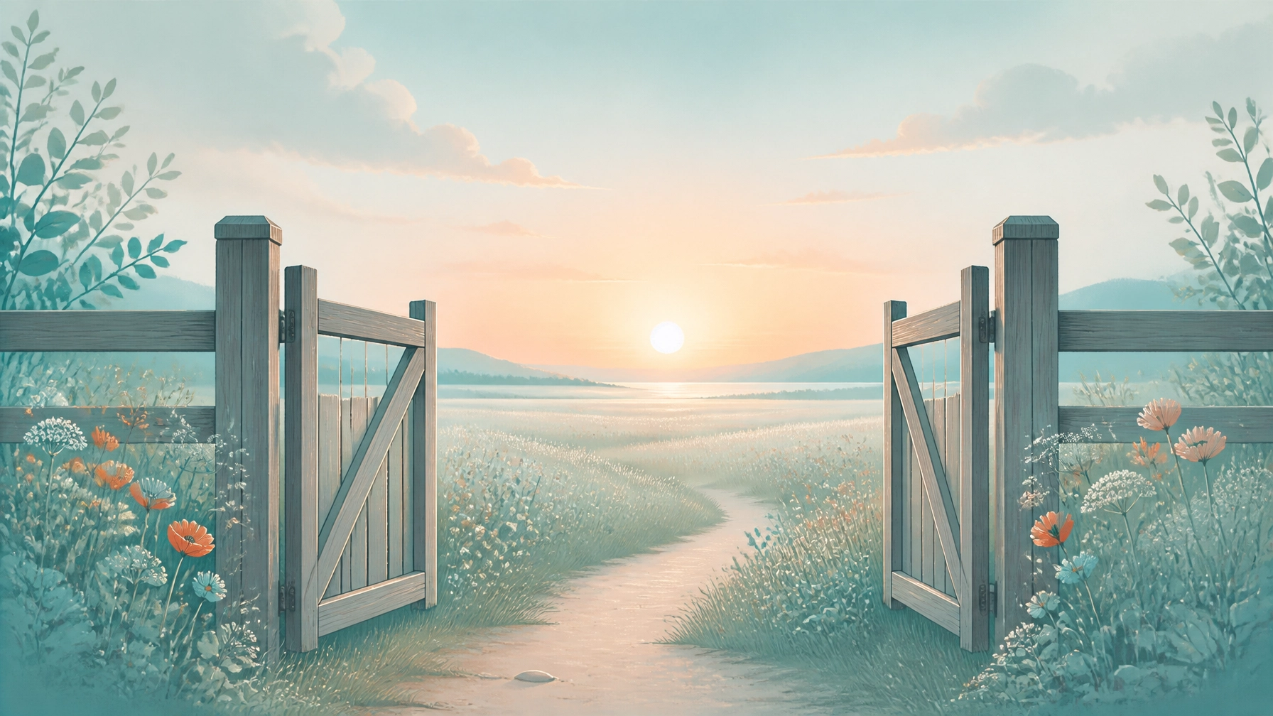 Open gate onto a sunlit meadow, illustrating the Willingness skill in DBT