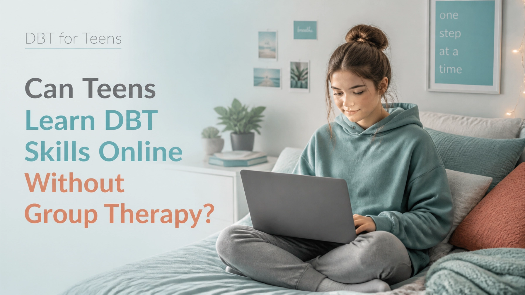 A teenager learning DBT skills calmly at home on a laptop, representing online DBT for teens from DBT Path