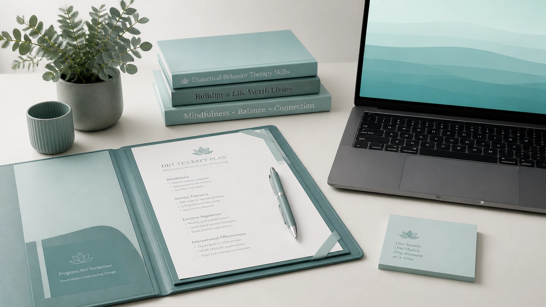 A calm home workspace with a laptop and notebook, representing online court-ordered DBT skills classes from DBT Path