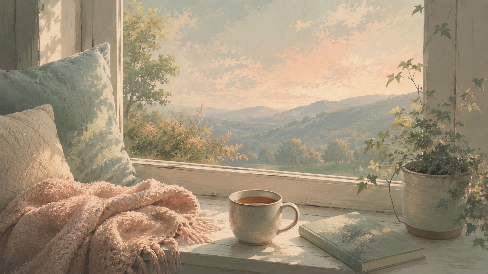 Cozy windowsill with tea and a soft blanket, representing the DBT ACCEPTS distraction skill