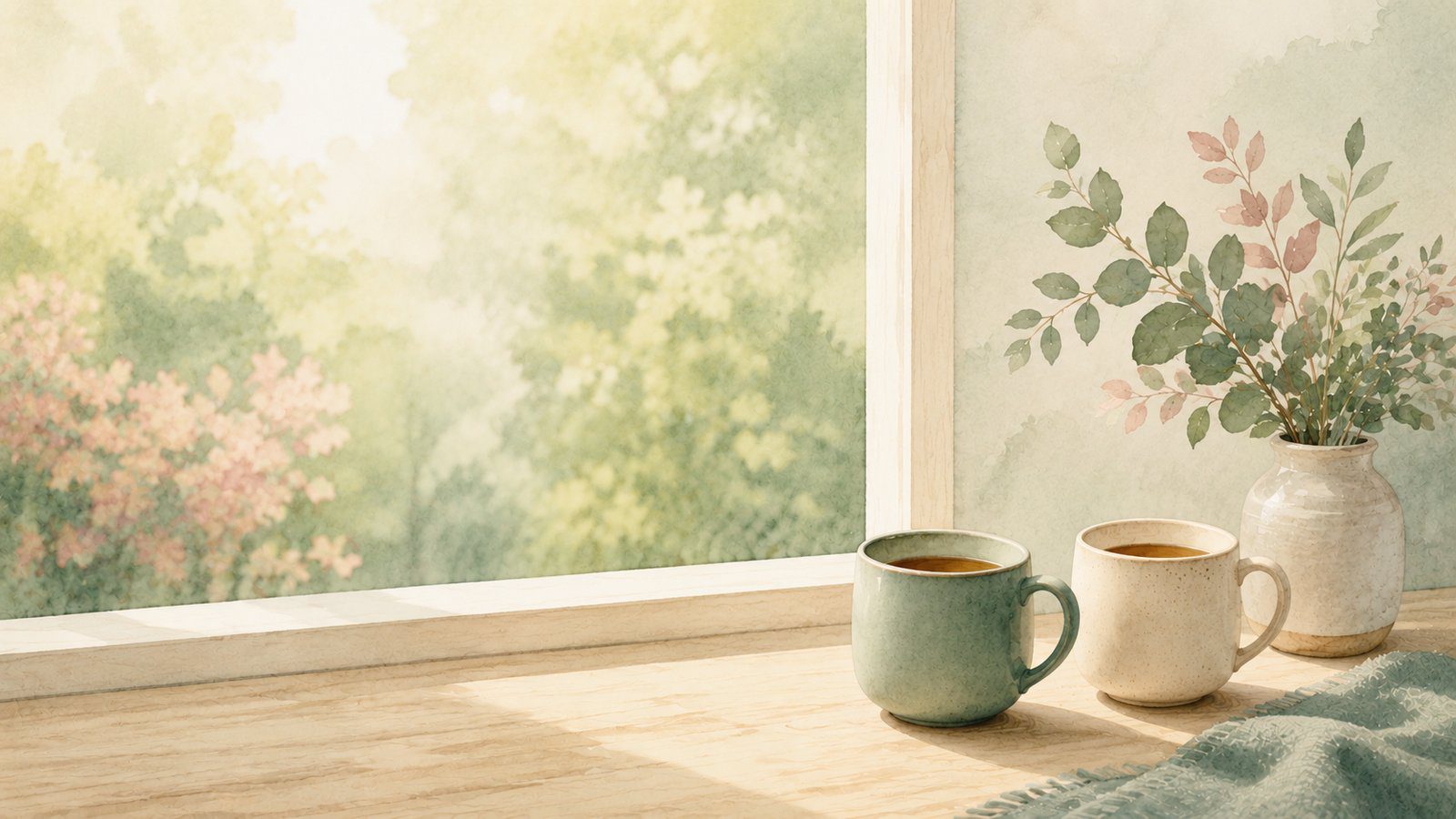 Two mugs of tea on a sunlit windowsill, evoking the honest, respectful conversation the DEAR MAN skill supports
