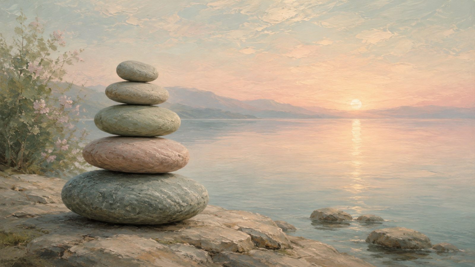 Smooth balanced stacked stones beside calm water, illustrating Doing Mind and Being Mind in DBT
