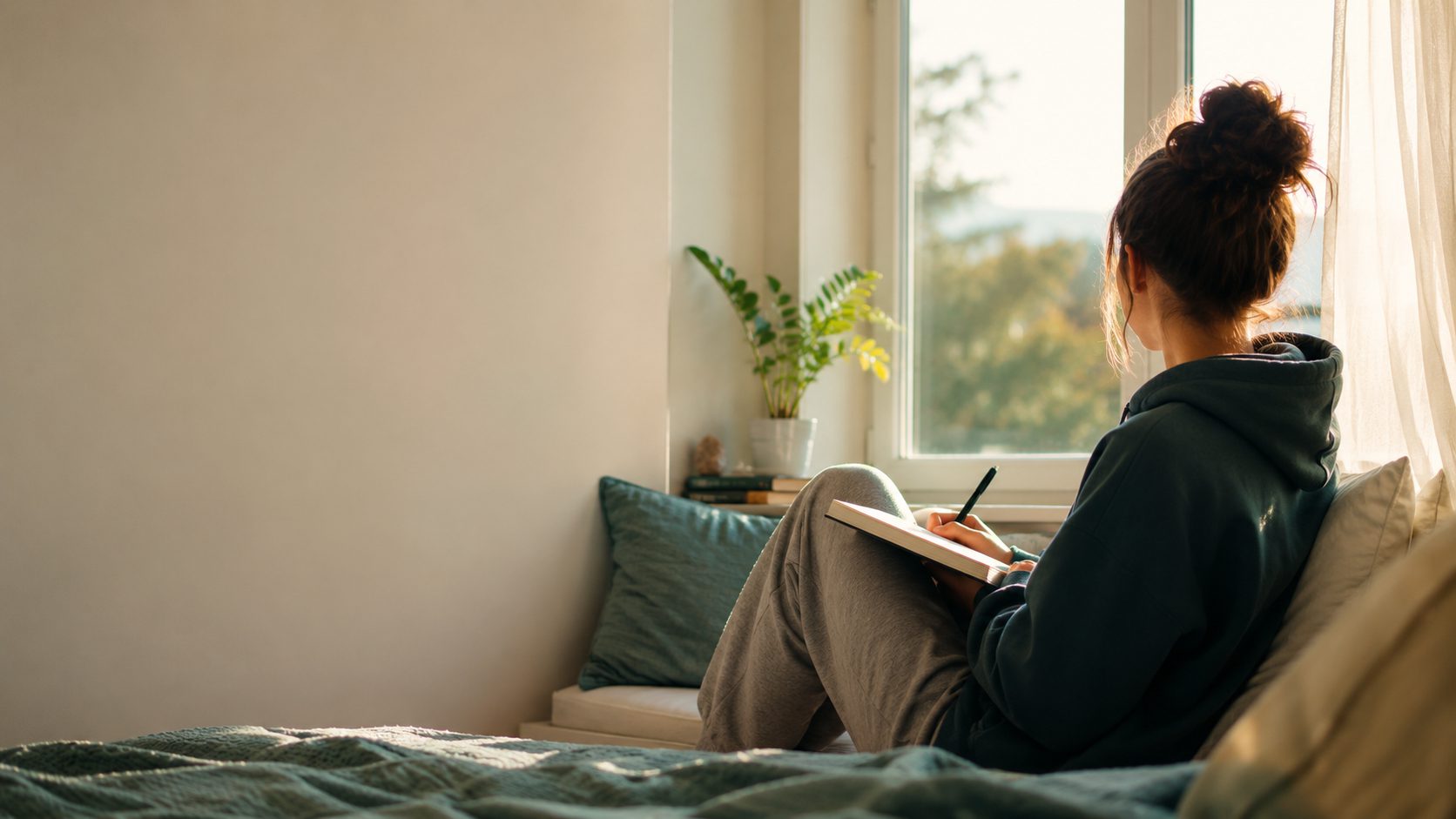 A teenager sitting calmly by a sunlit window at home, representing DBT for teens, the online DBT skills class from DBT Path