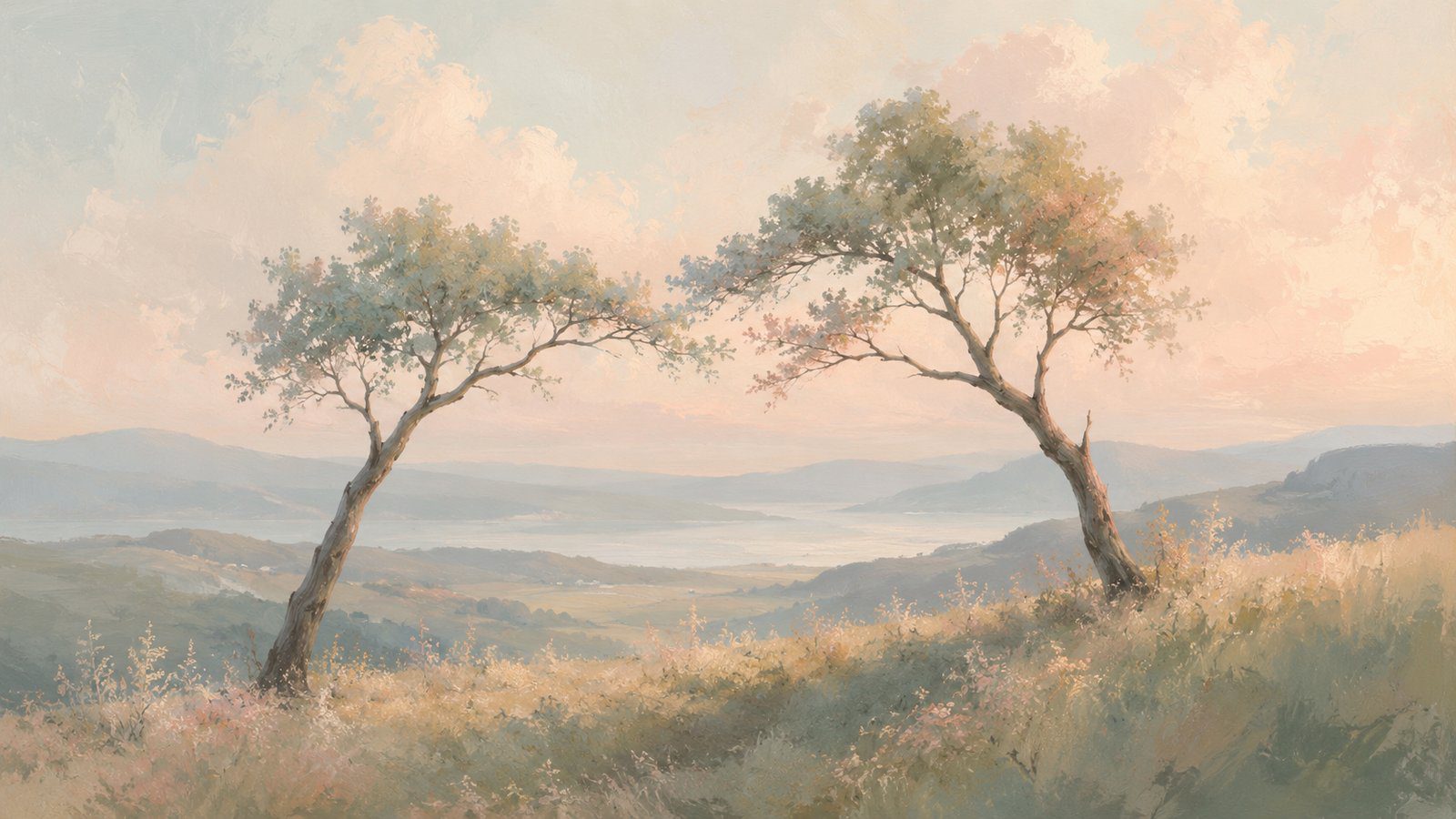 Two trees on a hillside leaning gently toward each other, illustrating the GIVE skill for warm, connected relationships in DBT
