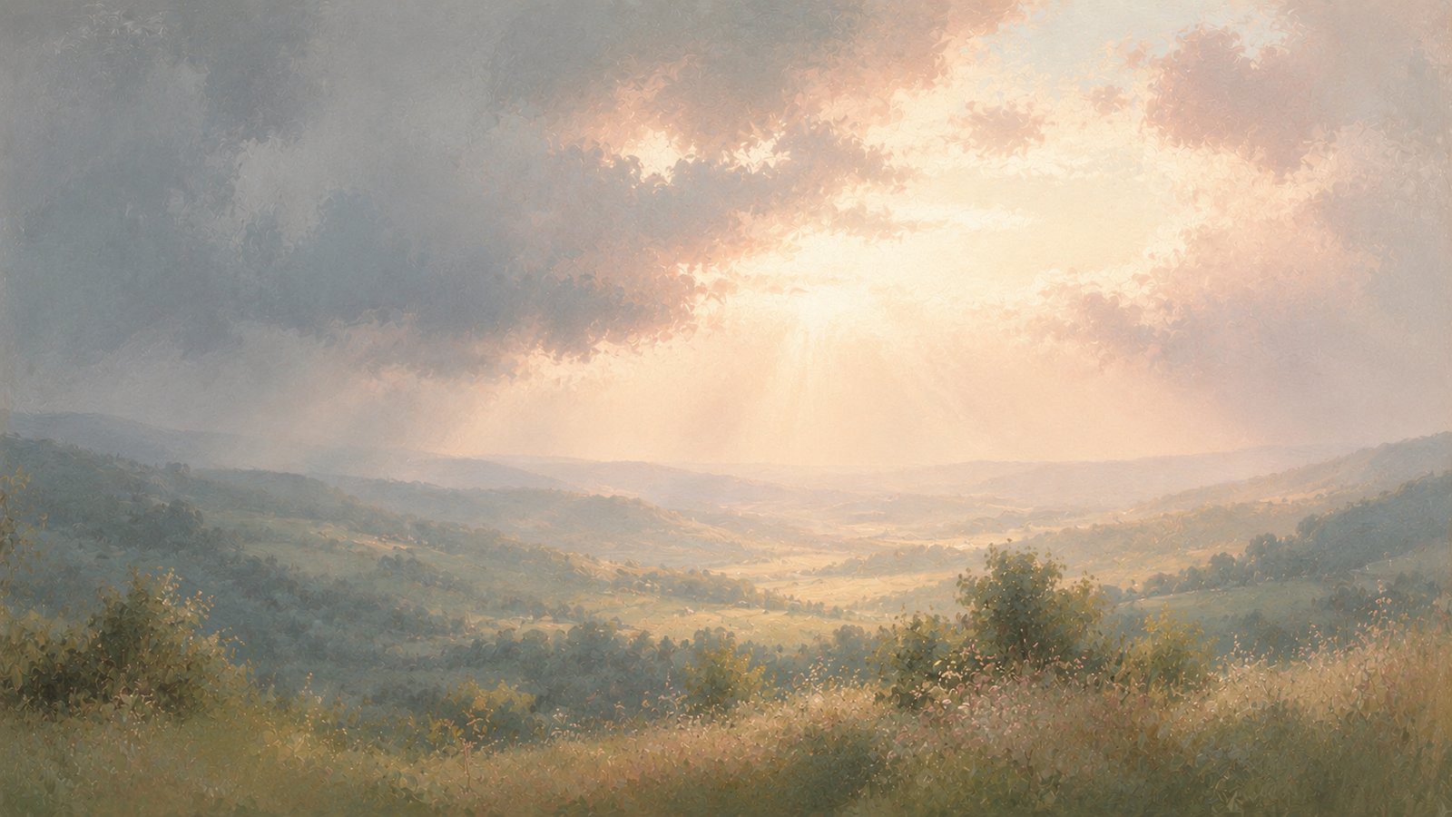 Warm light breaking through parting clouds over calm hills, illustrating the IMPROVE the Moment skill in DBT