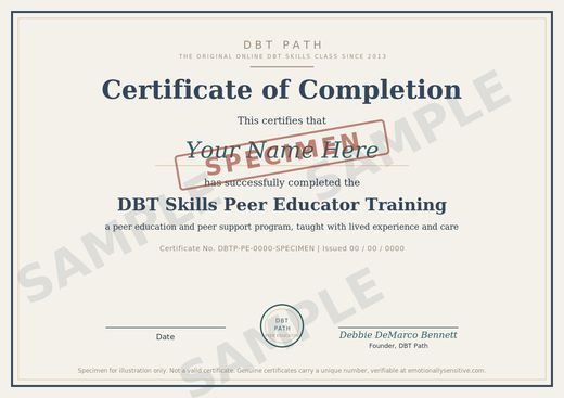 Sample DBT skills peer educator Certificate of Completion from DBT Path