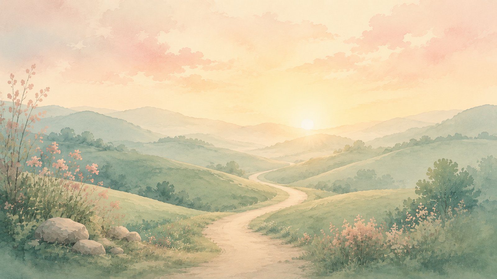 Soft watercolor sunrise over rolling hills with a winding path, evoking the steady daily self-care of the DBT PLEASE skill