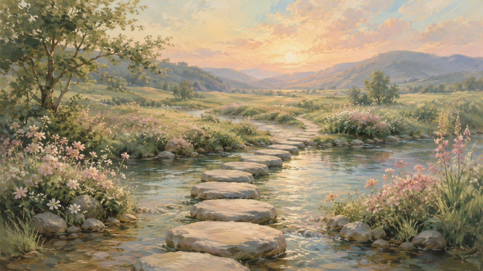 Stepping stones crossing a gentle stream through a meadow, illustrating the Problem Solving skill in DBT