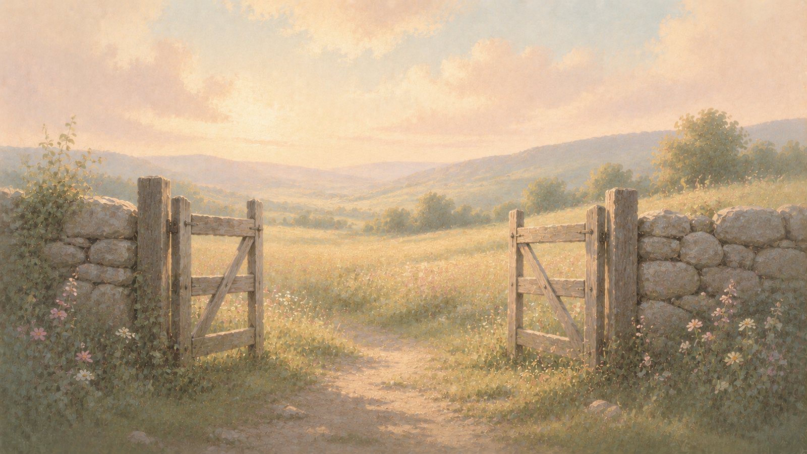 An open wooden gate onto a sunlit meadow, illustrating the Willingness skill in DBT