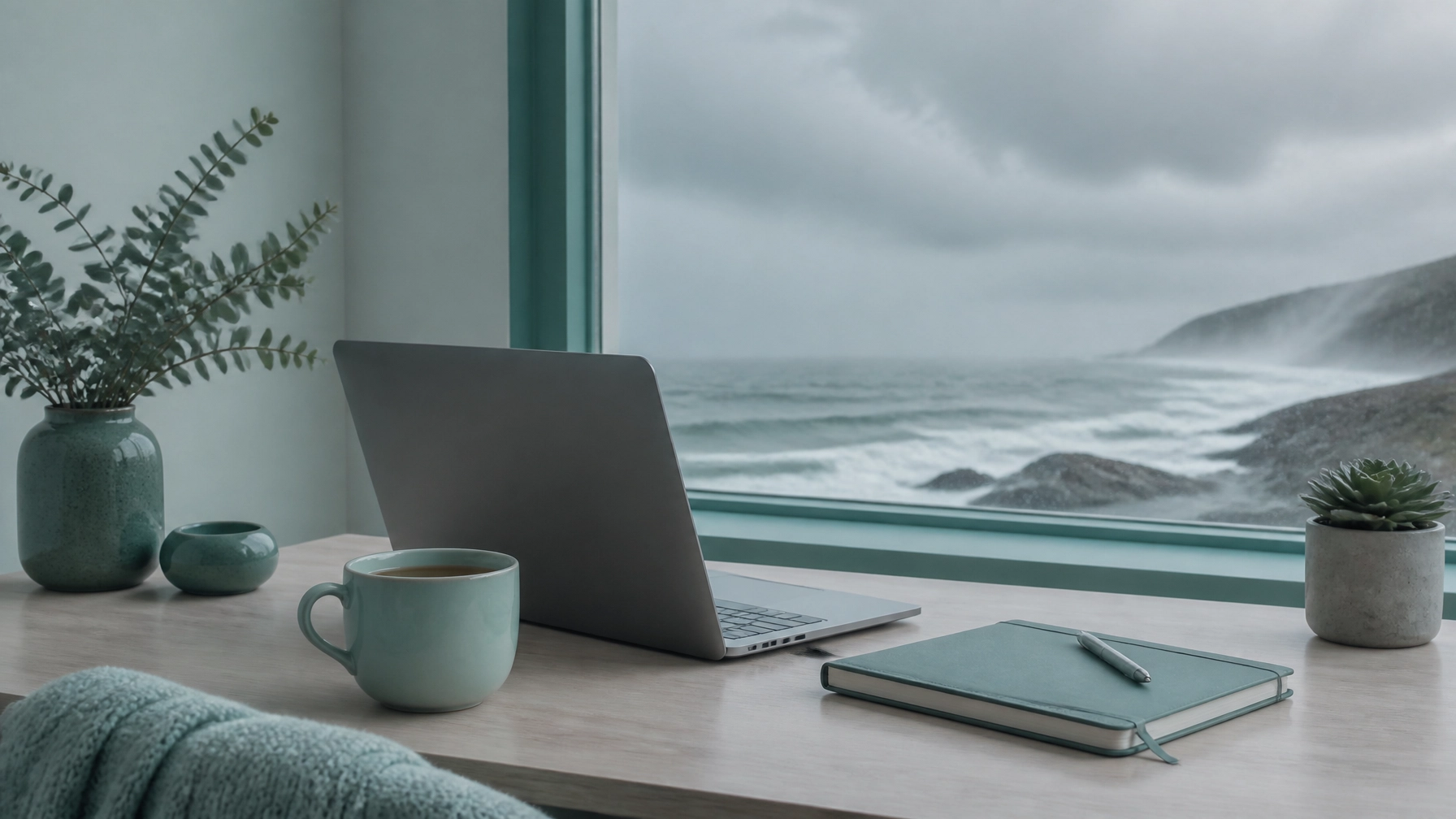 A cozy home workspace with a laptop, tea, and journal by a window, representing the private, comfortable setting for taking DBT Path classes online