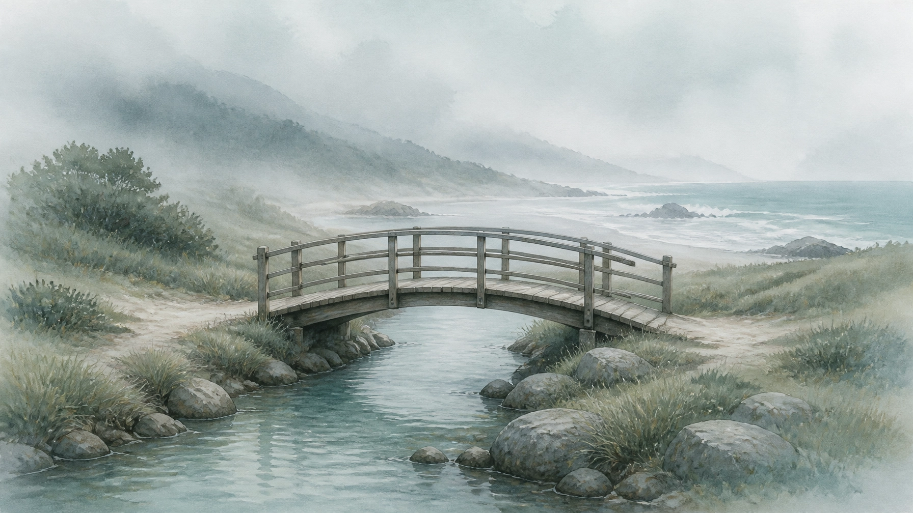 A footbridge over a calm stream, illustrating Walking the Middle Path in DBT