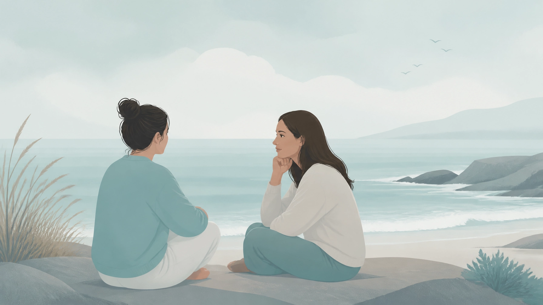 Two people sitting together by the water, illustrating the Validation skill in DBT