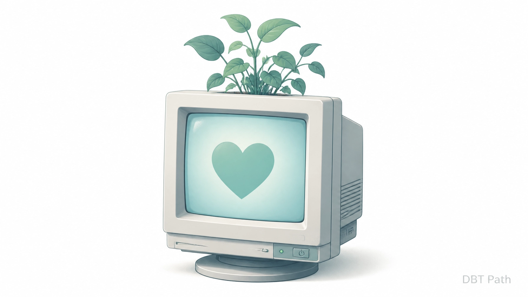 A laptop with a heart and a plant growing from it, technology with humanity at DBT Path