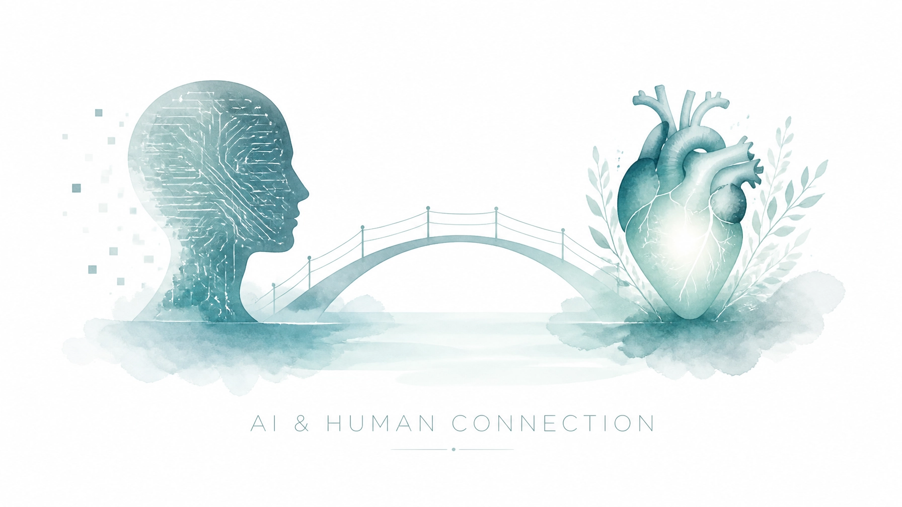 Illustration of a brain and heart connected by a bridge, symbolizing AI therapy risks and the need for human connection in mental health care