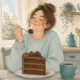 Woman savoring cake in a cozy kitchen while practicing the alternate rebellion DBT skill