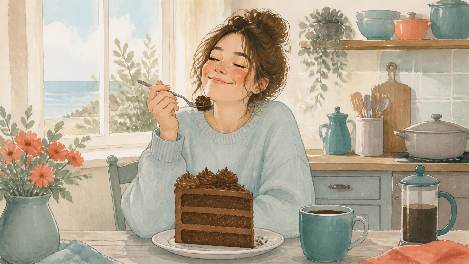 Woman savoring cake in a cozy kitchen while practicing the alternate rebellion DBT skill