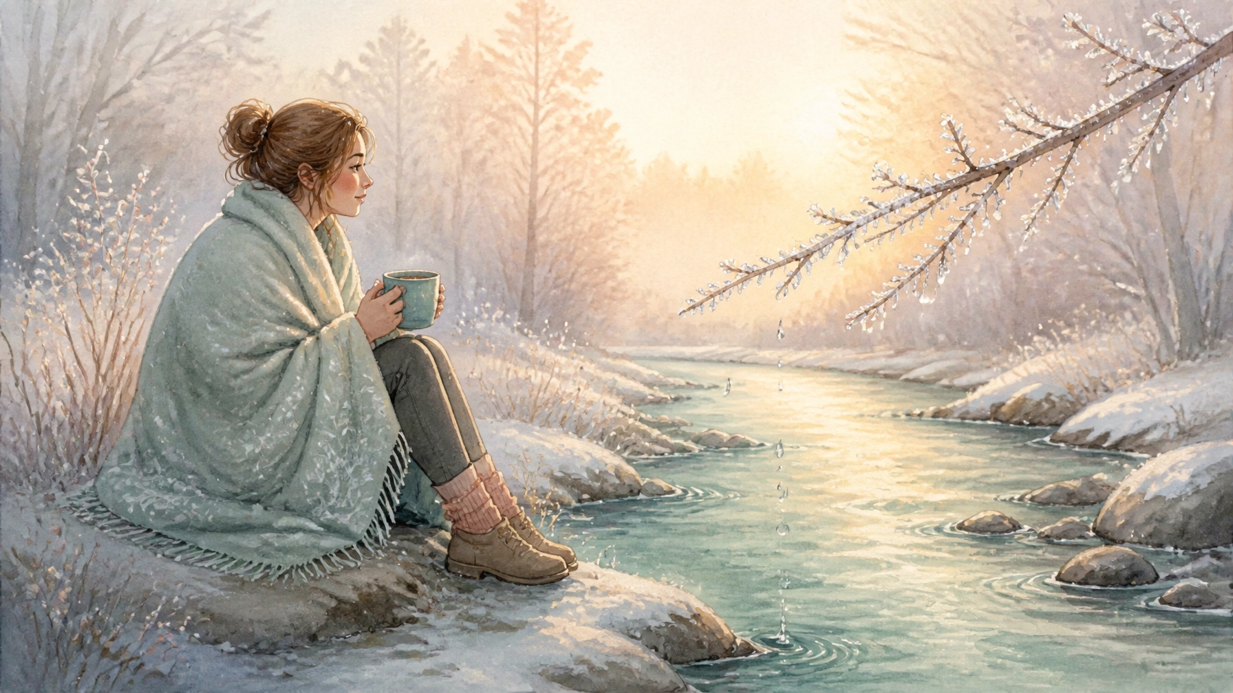 A warm, gentle illustration of a cozy figure by a stream, moving from freeze to flow