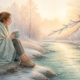 A woman sitting by a chilled stream of water, ice melting on branches, symbolizing the freeze response.