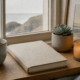 A social chameleon quiet journal and plant still life by a window