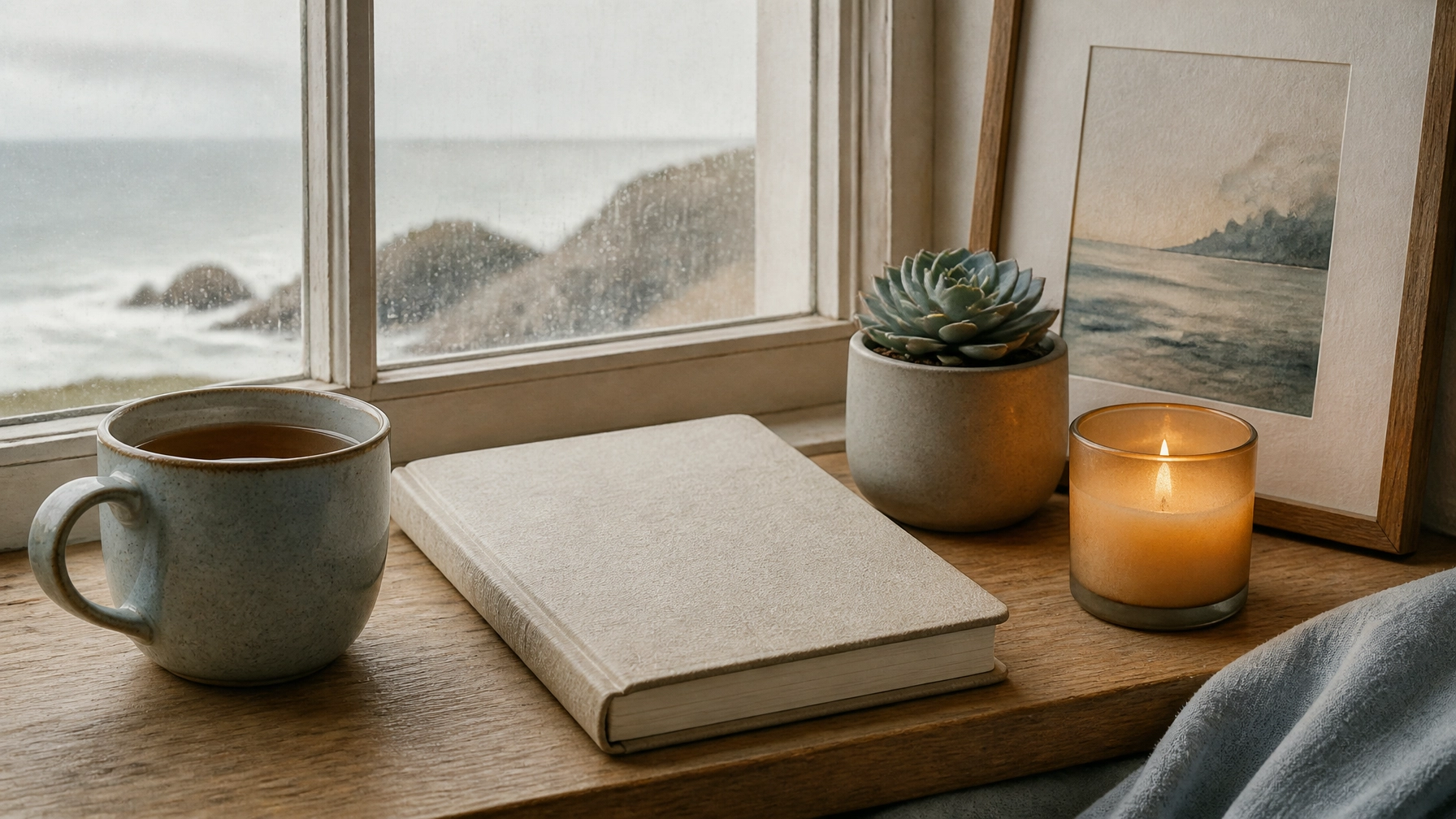 A social chameleon quiet journal and plant still life by a window