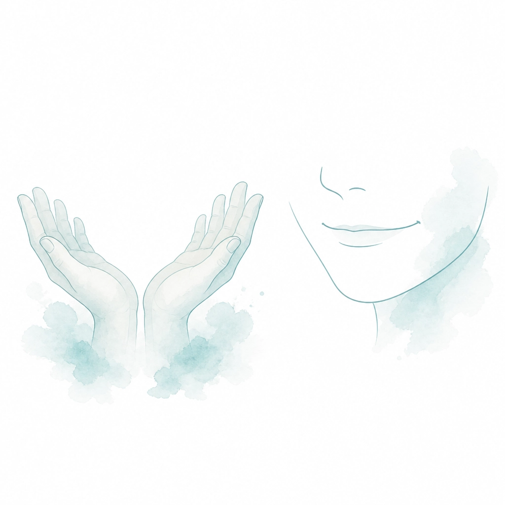 A soft illustration of Willing Hands and a gentle half-smile
