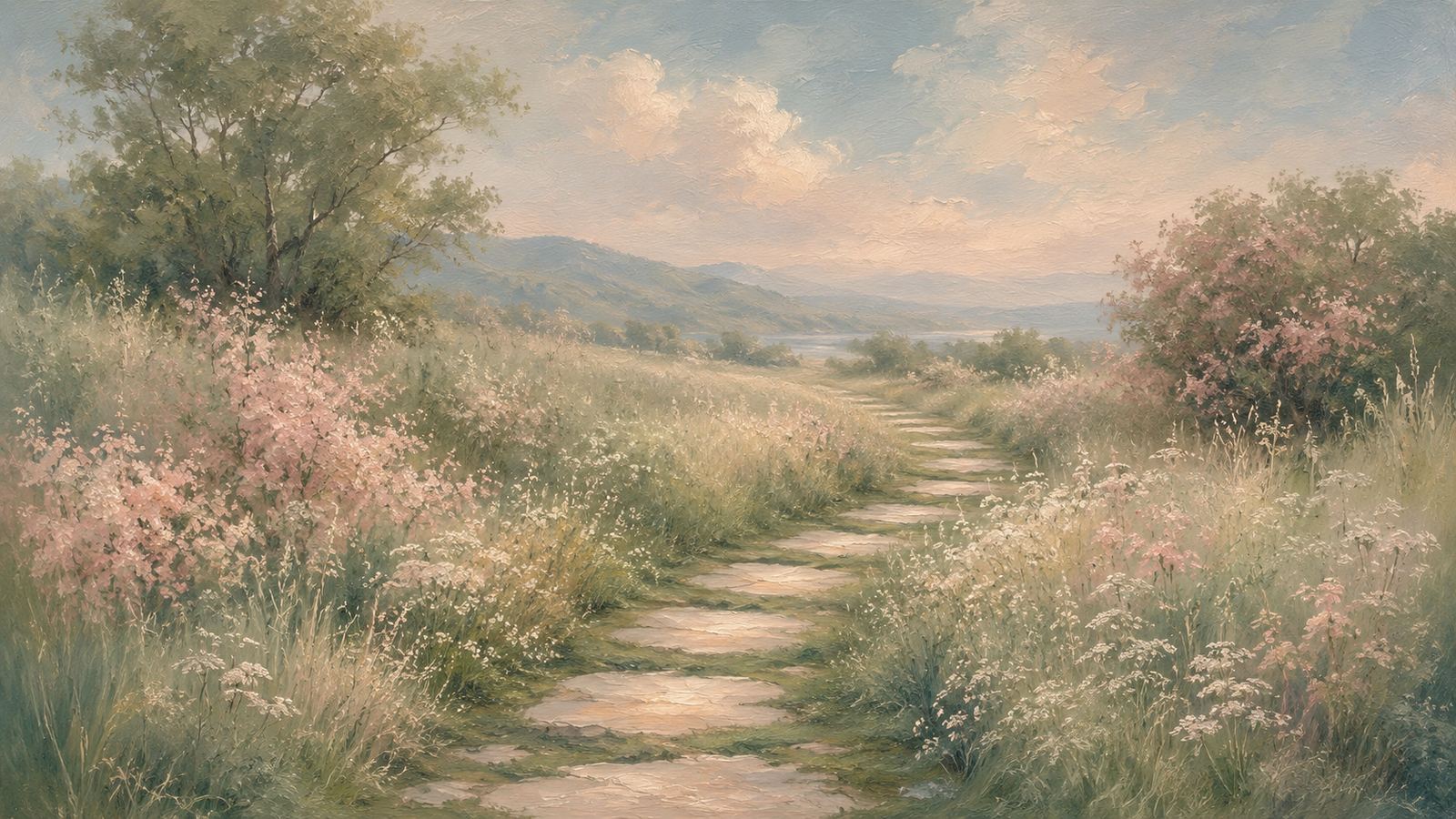 A winding stone path through a soft pastel meadow, illustrating chain analysis in DBT