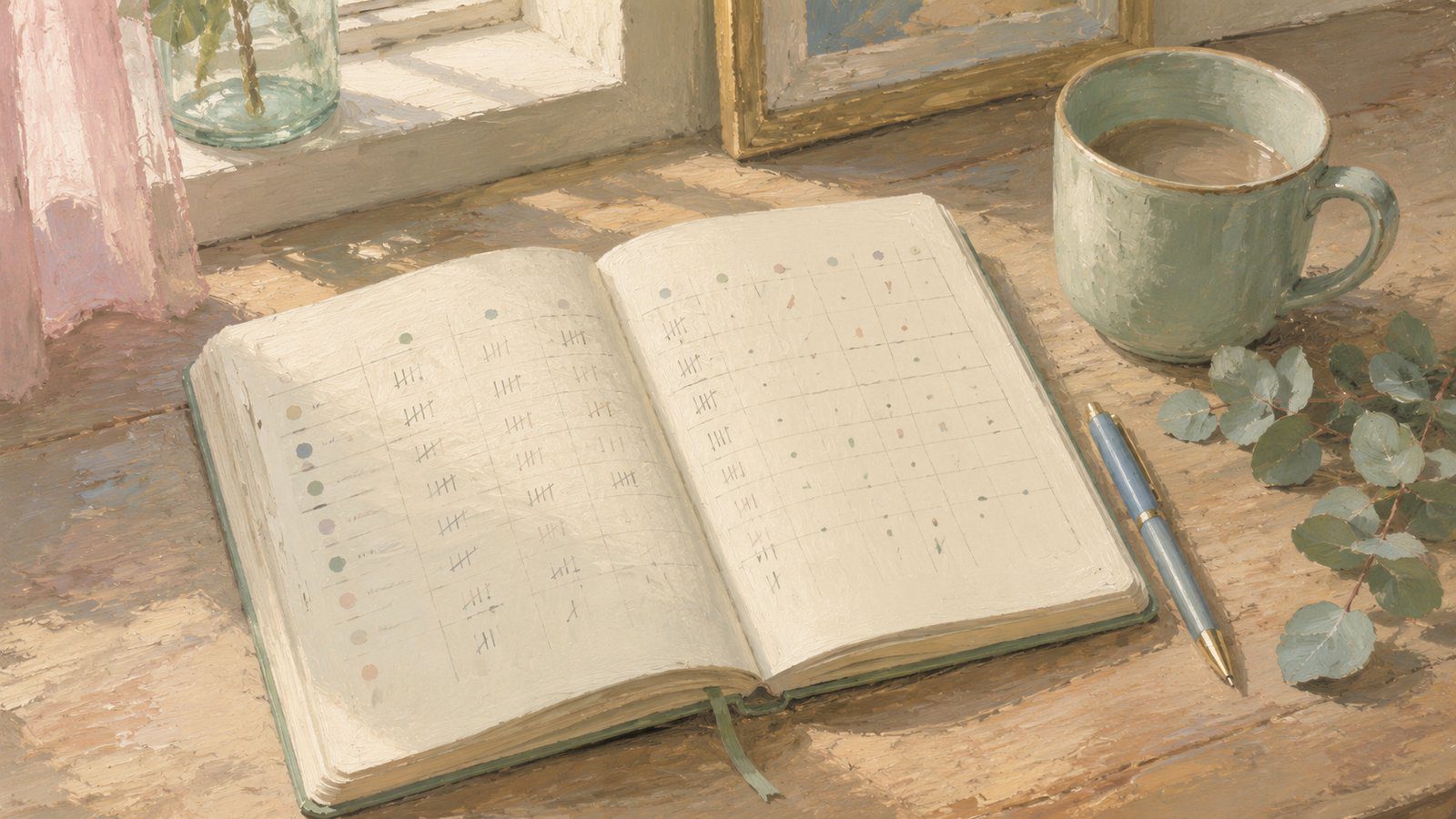 An open notebook showing a handwritten weekly tracking grid, illustrating a DBT diary card