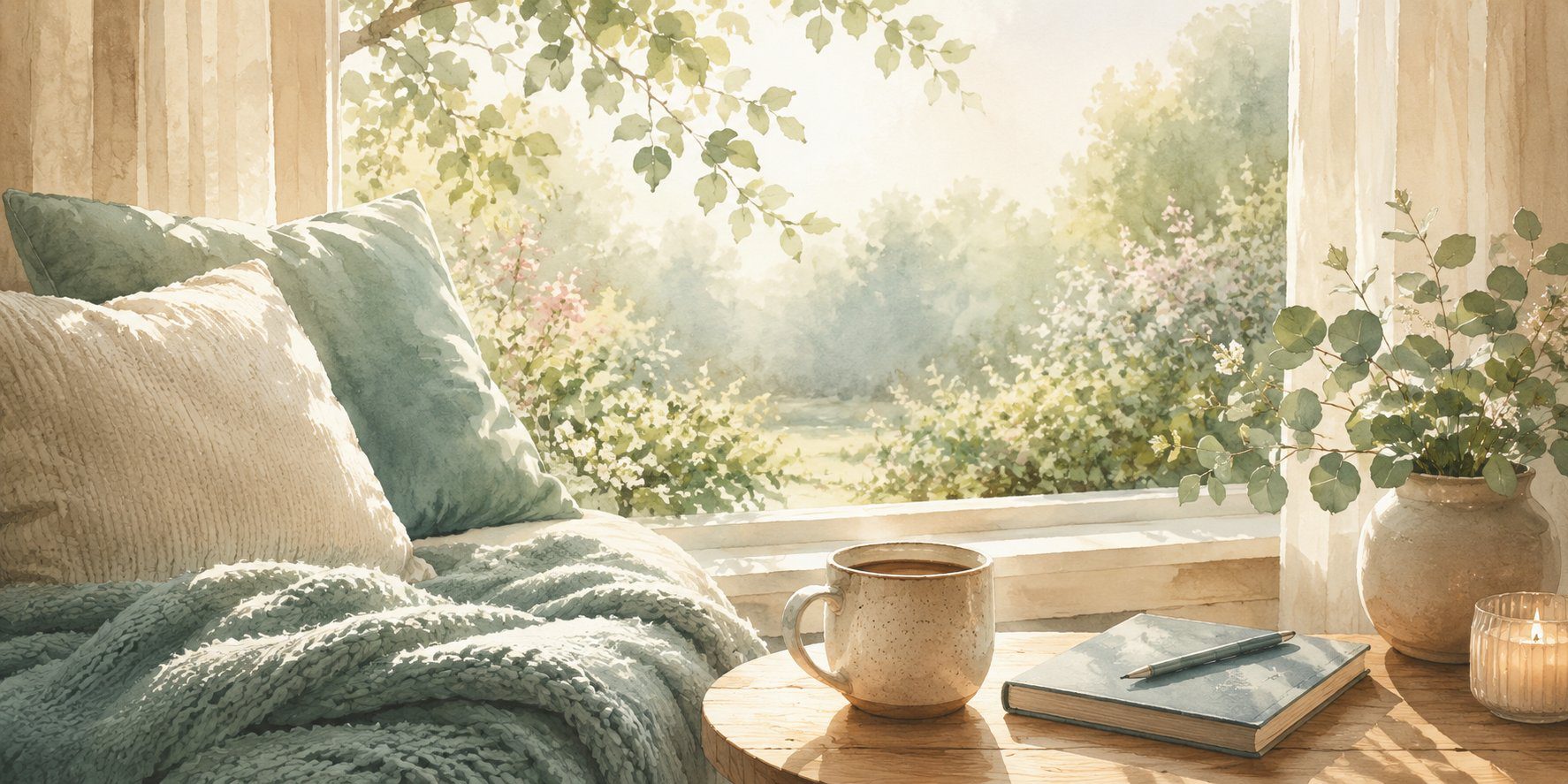 A cozy sunlit reading nook, evoking a peaceful Saturday morning