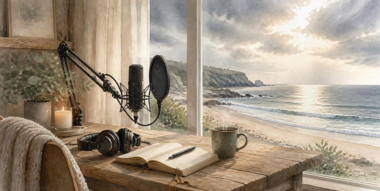 DBT Path podcast interviews: painted podcast microphone and headphones on a desk by a window overlooking the ocean